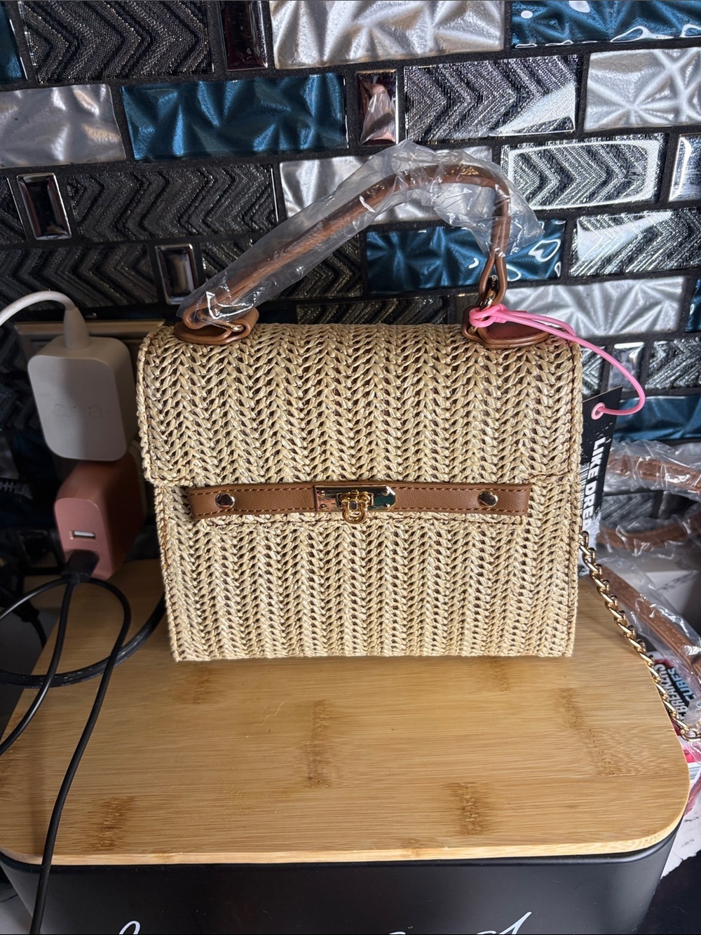 Woven Straw Satchel with Brown Trim and Gold Hardware